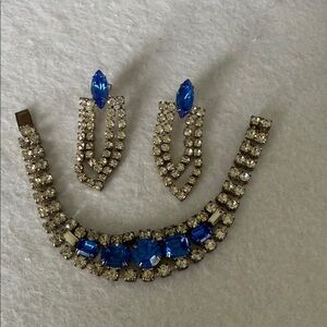 Dazzling Blue and Silver Rhinestones Bracelet and Pierced Earrings